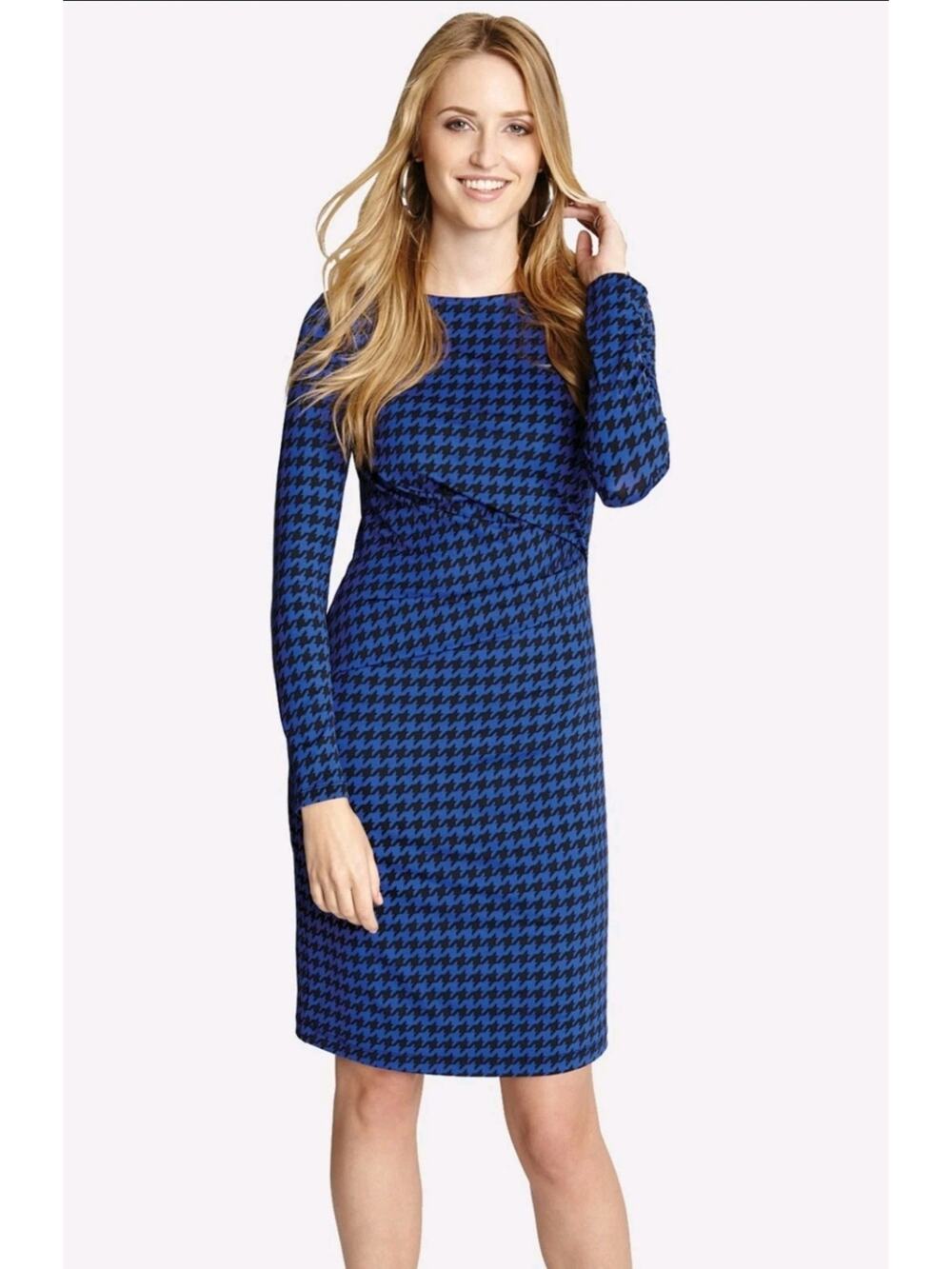 Karen Kane Blue Black Houndstooth Stretch Jersey Tiered Sheath Dress Size XL